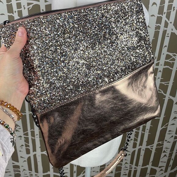 Express Rose Gold and Glitter Fold-over Chain Strap Shoulder Bag Clutch - Picture 9 of 10